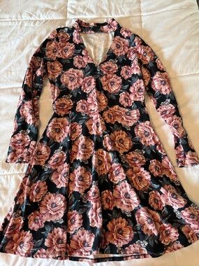 Hollister Black Dress with Pink Floral Print - Long Sleeve